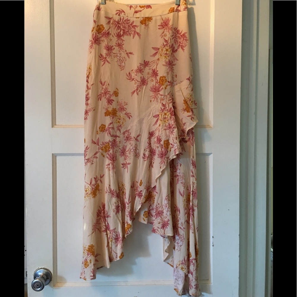 Printed Floral Asymmetrical Midi Skirt, Size Small